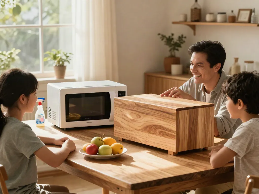 SHASHEL® microwave technology showcasing a family enjoying treated wooden furniture in a cozy home environment.