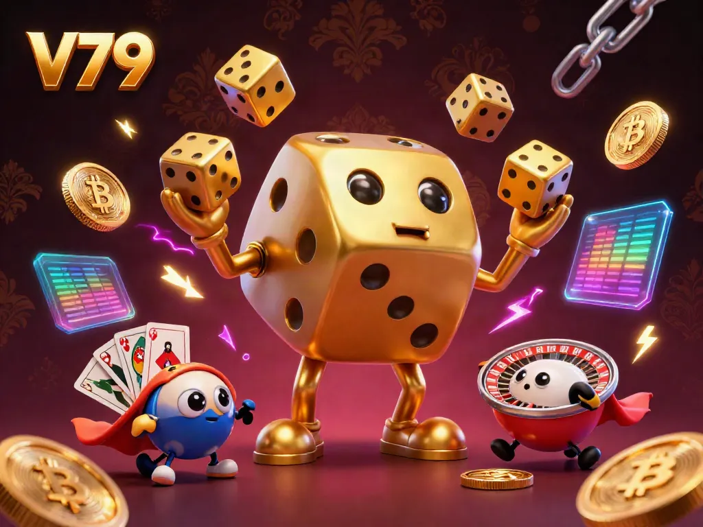 Experience the excitement of V79 with a golden dice golem juggling coins and dynamic game elements.