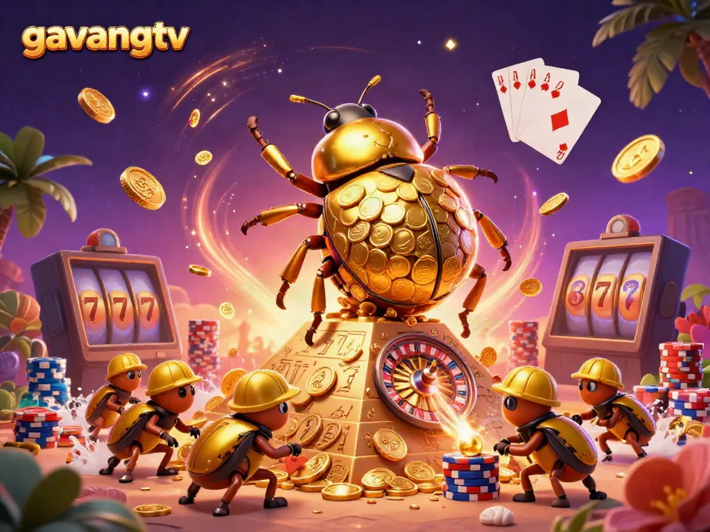 Experience the thrill of gambling with gavangtv in a vibrant casino-themed scene featuring golden beetles and casino symbols.