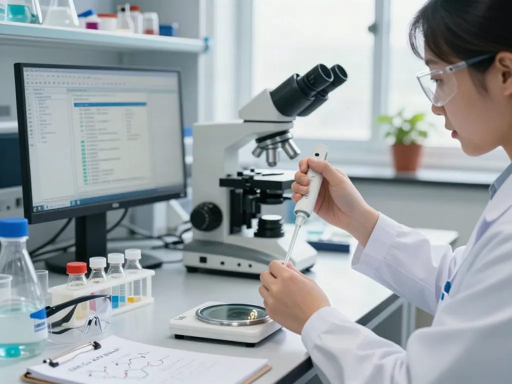 Researcher analyzing GHK-Cu KPV blend in a bright laboratory, showcasing scientific precision and innovation.