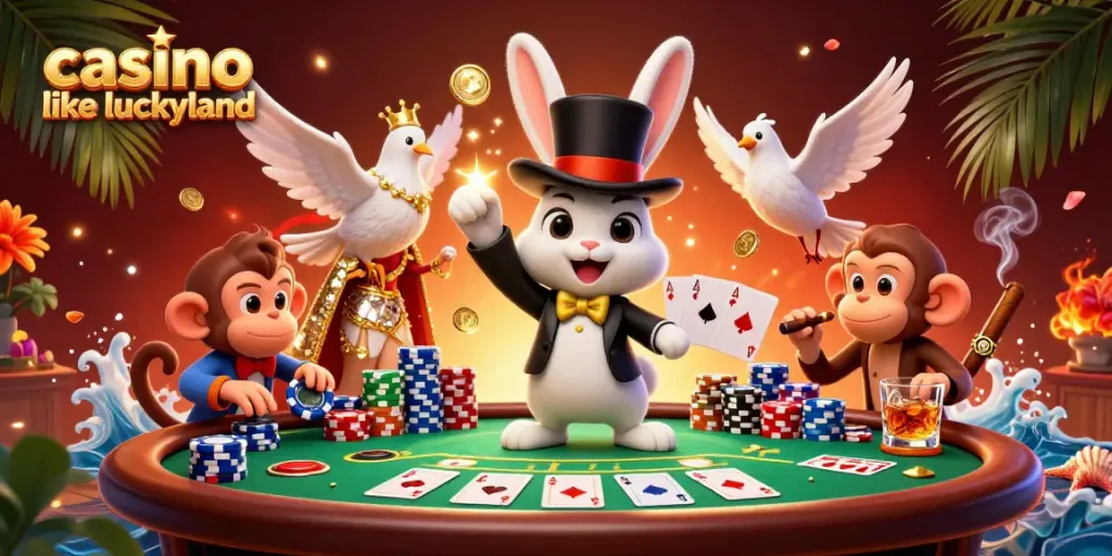 Experience excitement at a casino like LuckyLand with a vivid 3D scene featuring a rabbit magician, dove, and monkey.