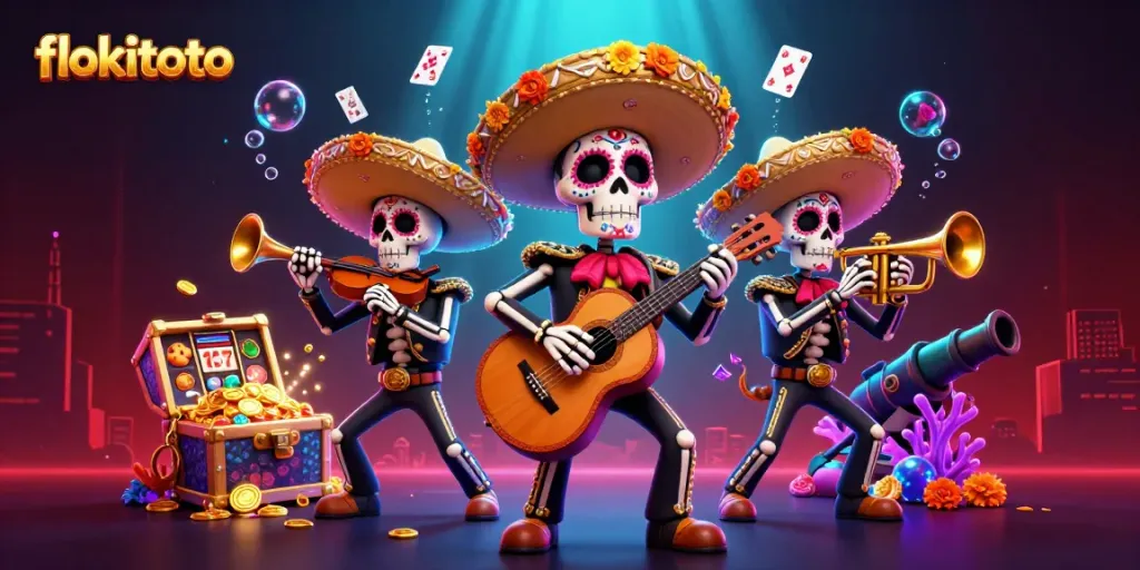 Engage in thrilling gameplay with Flokitoto's vibrant casino scene featuring mariachi skeletons and slot reels.