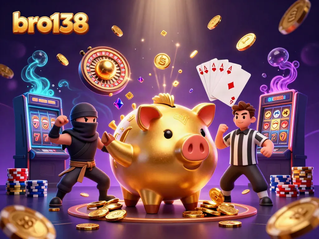 Experience the thrill of bro138 with an illustration of dynamic casino action featuring enormous golden piggy banks and vibrant game elements.