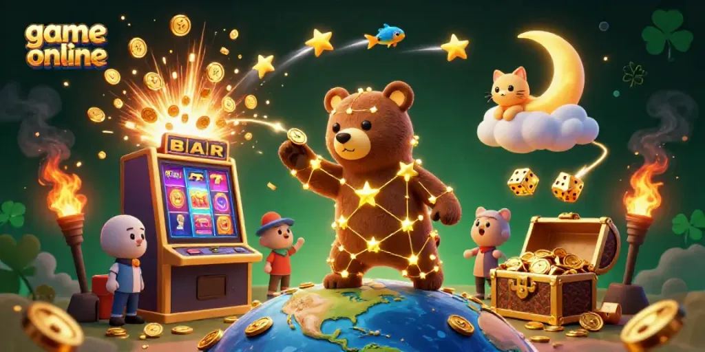 Experience the thrill of game online with dazzling casino elements in this vibrant 3D illustration.