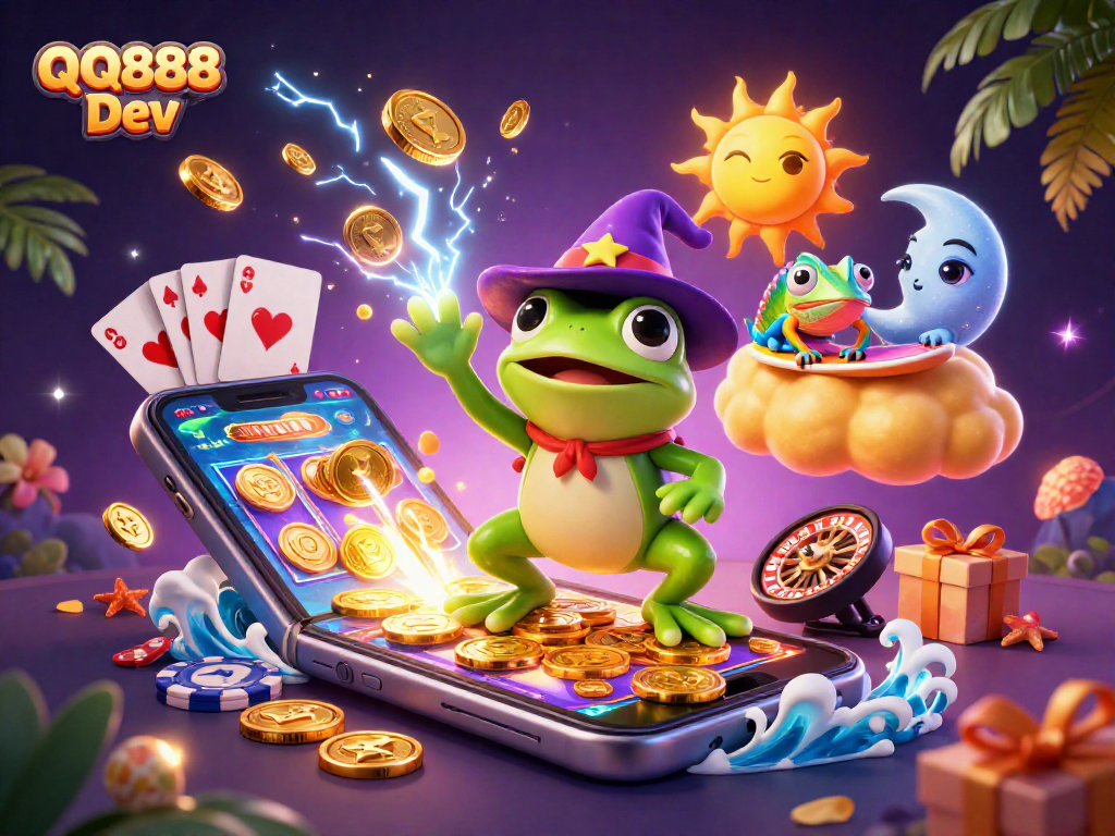 Experience gaming excitement with QQ888 Dev as magical characters summon golden coins in a vibrant casino scene.