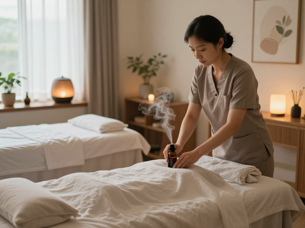 Relaxing 하남출장마사지 preparation scene with calming atmosphere, soothing oils, and inviting decor.