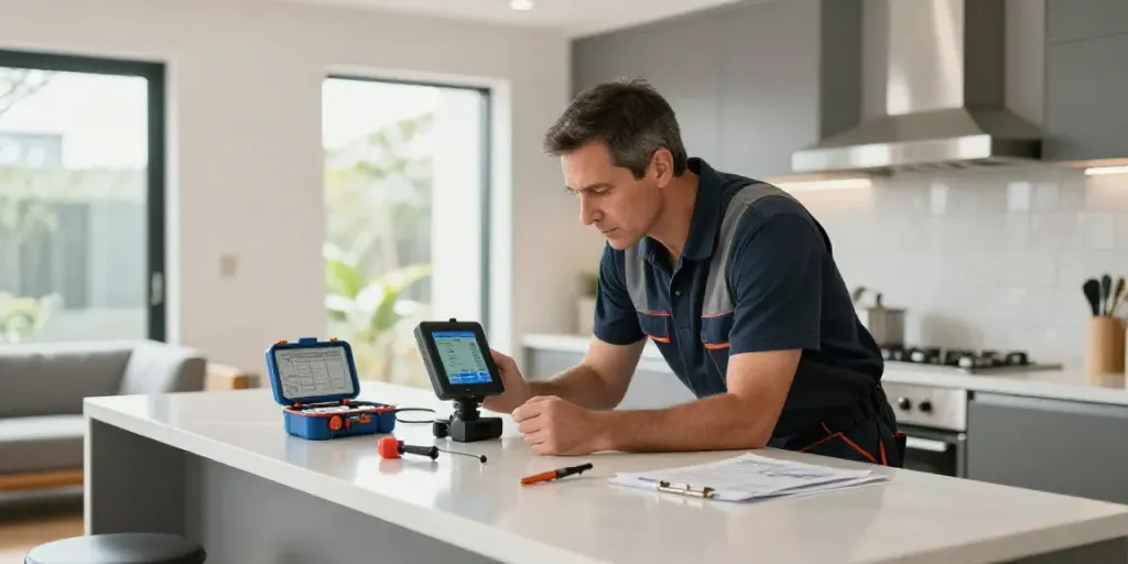 Leak Detection & Repair Sydney services rendered by a professional plumber in a modern kitchen setting.