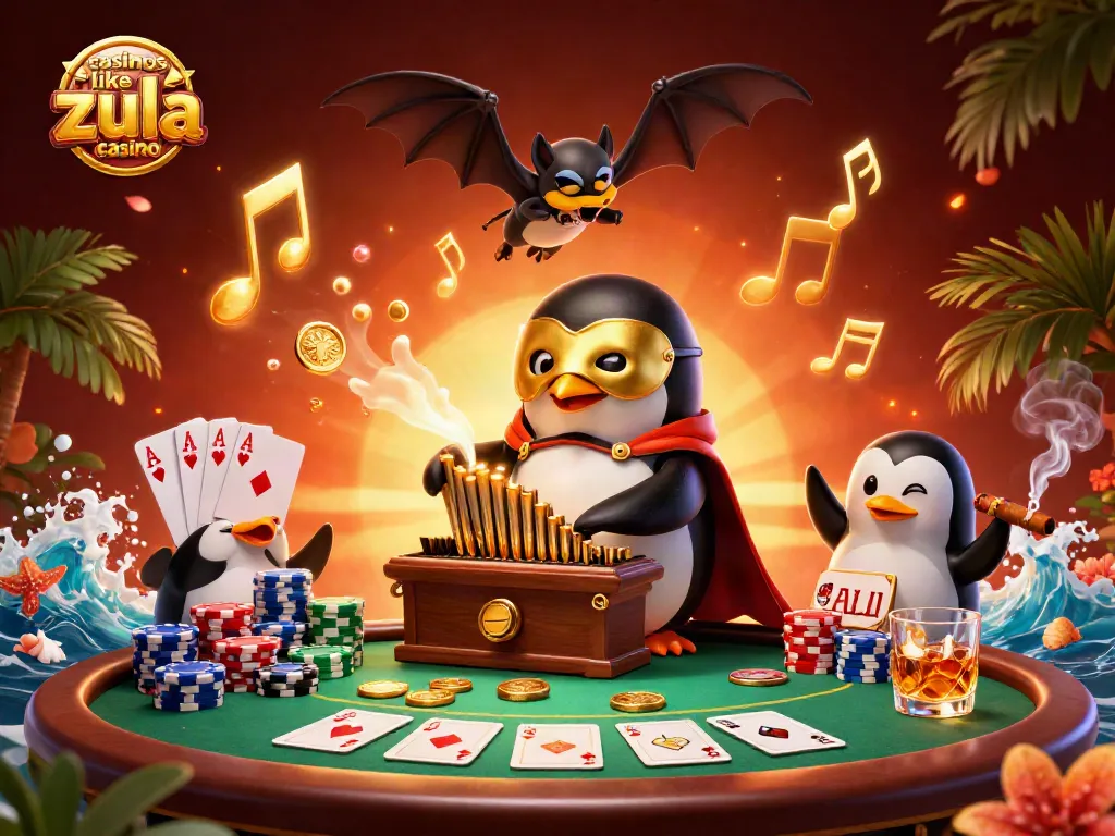 Engage with casinos like Zula Casino through a vibrant illustration of a playful penguin and dynamic gaming elements.