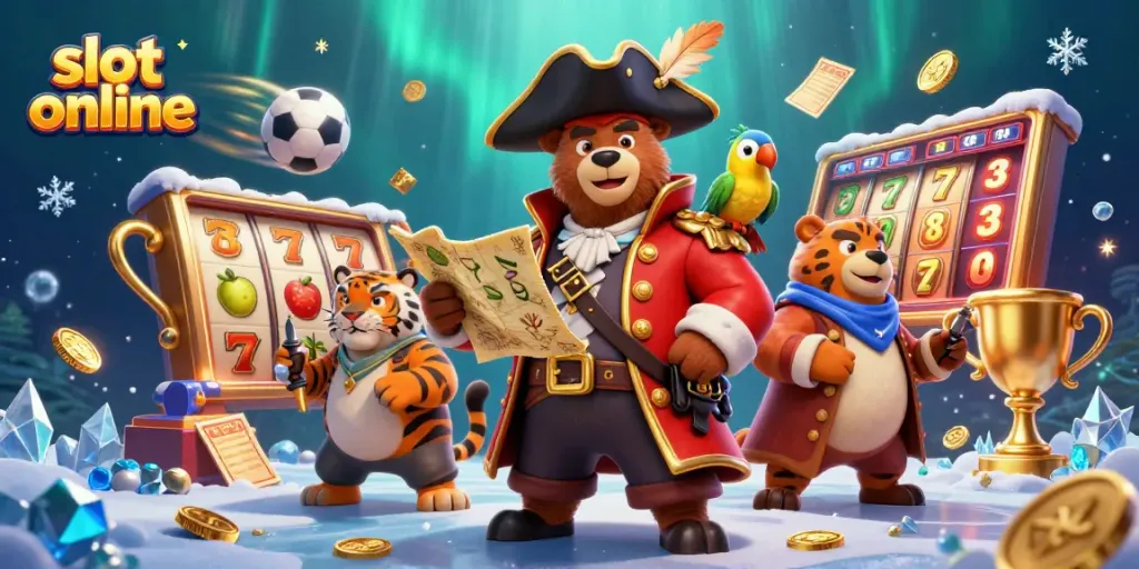 Engage in thrilling slot online action with vibrant casino characters and slot elements.