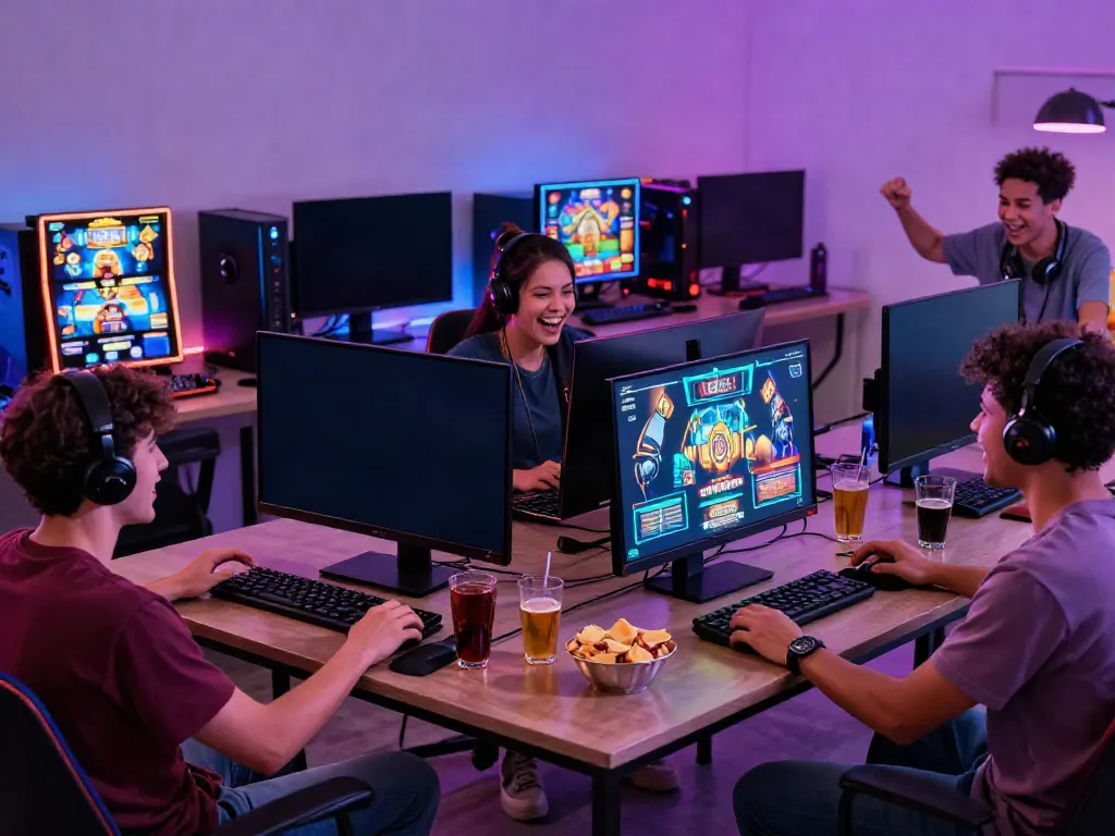 Friends enjoying a thrilling link slot777 gaming experience in a stylish living room.