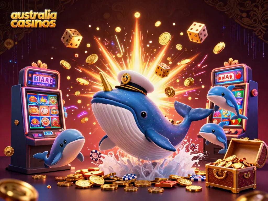 Experience thrilling gameplay at australia casinos with a cartoon whale, narwhal, and dolphins among casino-themed elements.