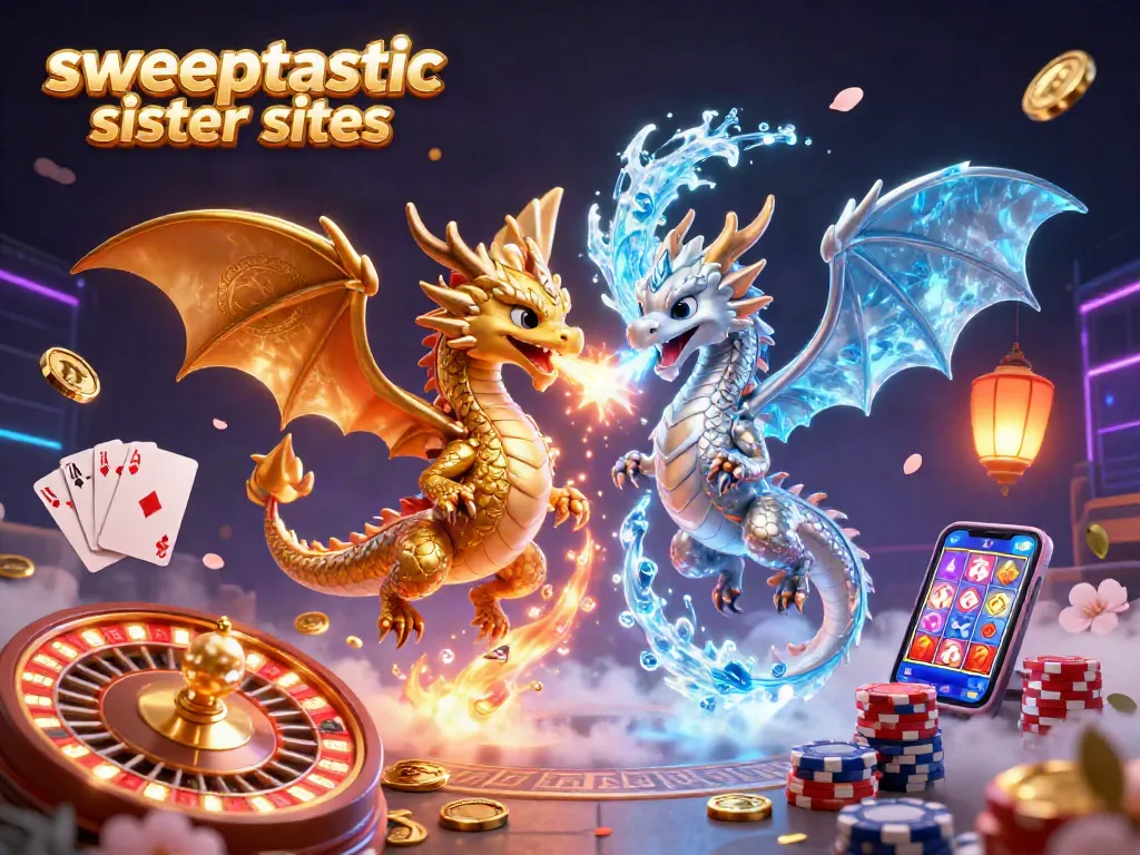 Sweeptastic sister sites illustration with twin dragons, coins, and gaming elements.