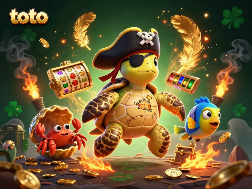 Engage in toto gaming with a vibrant scene featuring a pirate turtle, crab, and parrotfish amidst slot reels.