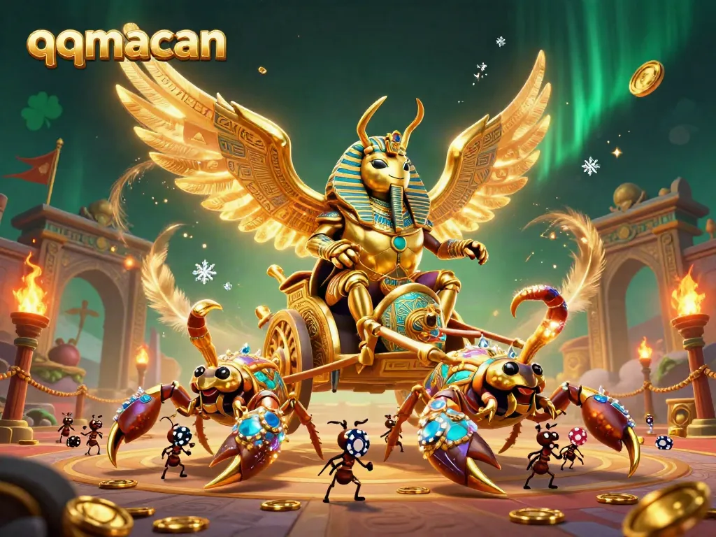 Experience thrilling gaming action with qqmacan, featuring a golden scarab beetle in a vibrant casino scene.