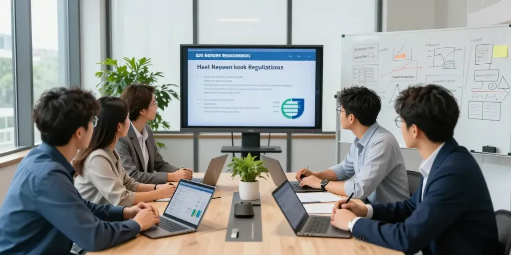 Team discussing heat network regulations in a modern office