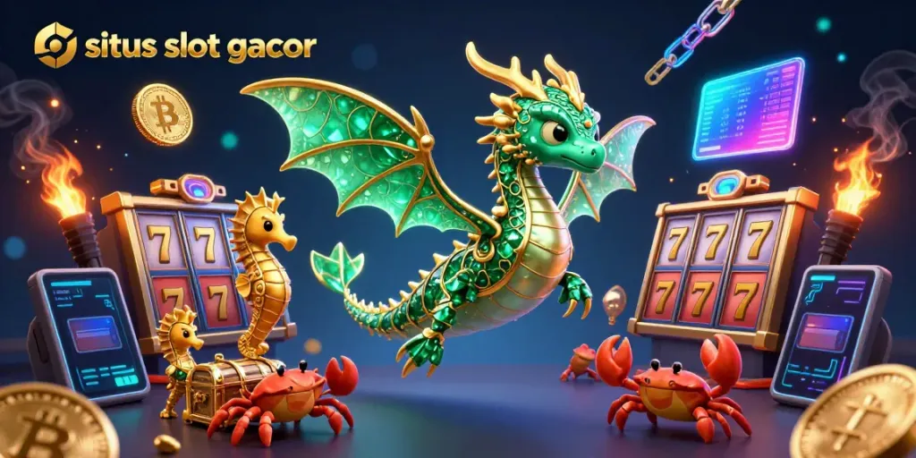 Gali kemenangan di situs slot gacor dengan ilustrasi menarik yang menampilkan naga laut dan koin kripto.