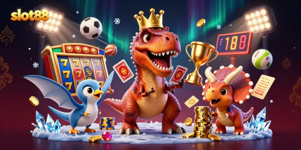 Win big with slot88 illustration featuring a T-Rex and friend in a rich casino scene.