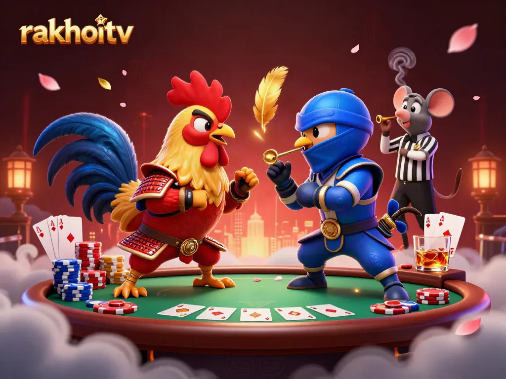 Experience live sports betting excitement with RakhoiTV showcasing dynamic roosters in an action-packed poker scene.