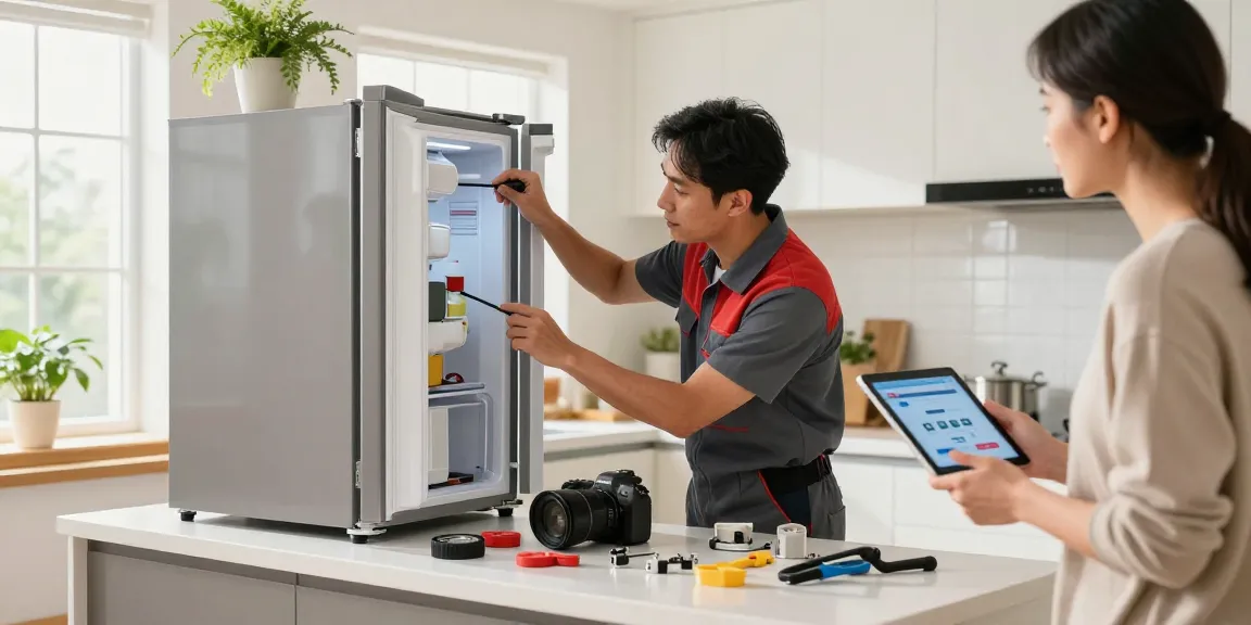 Expert refrigerator repair in a bright kitchen, showcasing a technician assisting a homeowner with quality service.