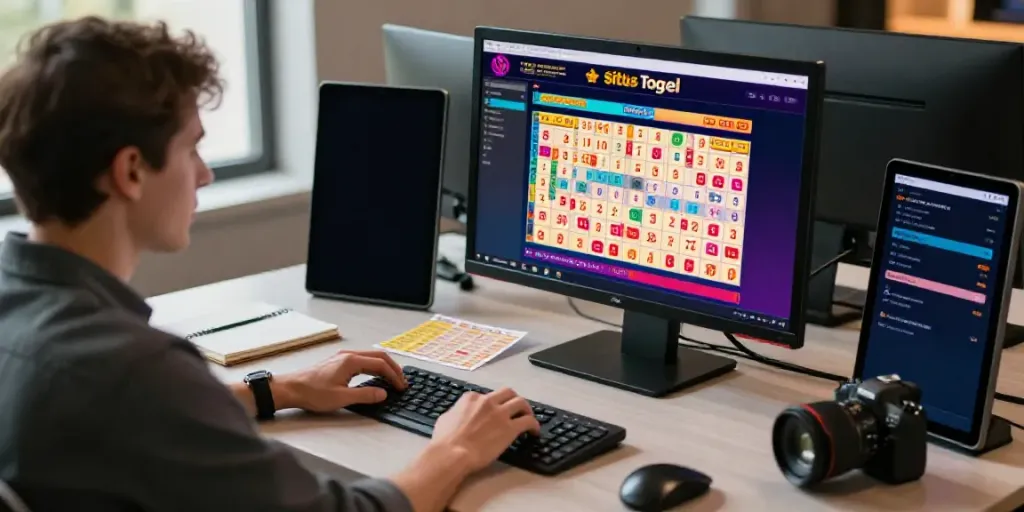Engaged user exploring situs togel on a laptop, showcasing vibrant online betting interface and cozy gaming setup.