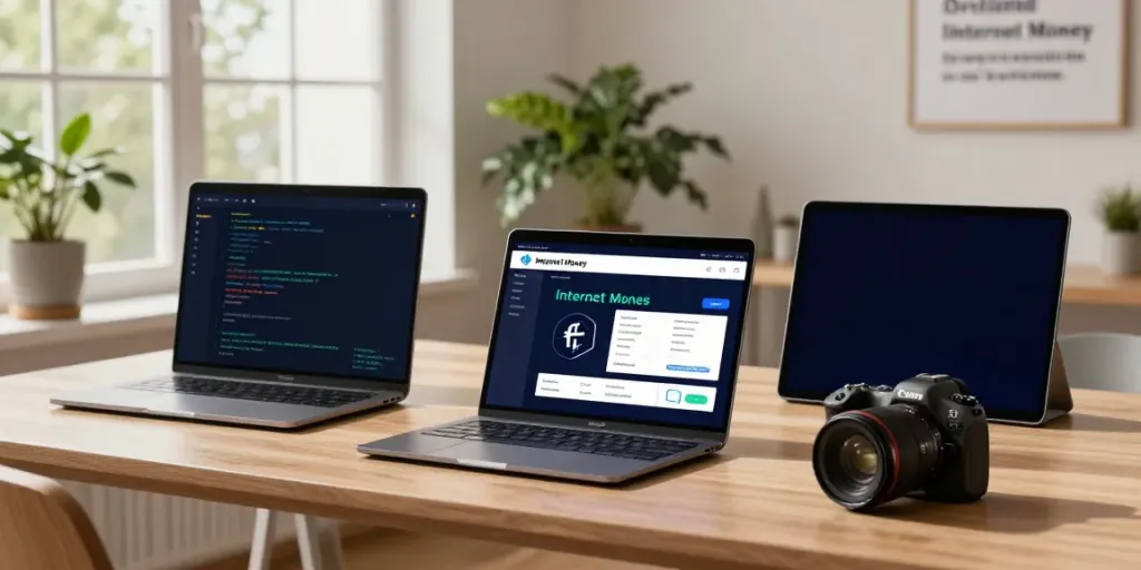 Crypto wallet user on https://internet-money.co performing token swaps in a modern workspace.