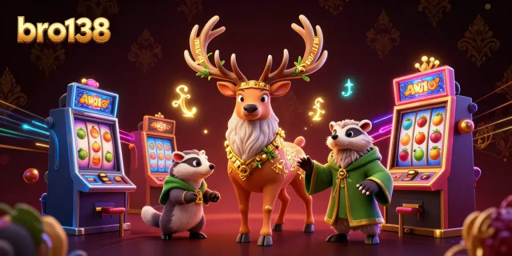 Experience the thrill of bro138's dynamic casino games with colorful 3D characters and slot machines.