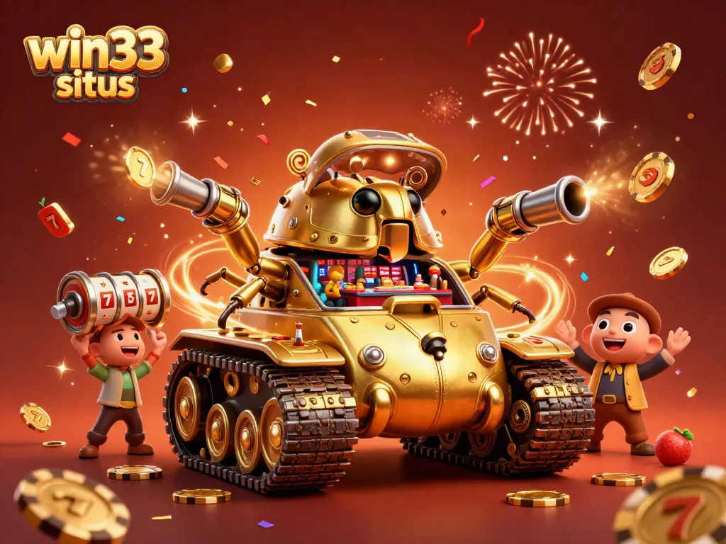 Join the action at win33 situs, featuring a lively casino scene with confetti and slot visuals in 3D.