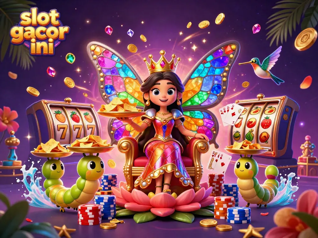 Experience the thrill of slot gacor malam ini with a vibrant casino-themed 3D illustration showcasing dynamic game elements and enchanting characters.