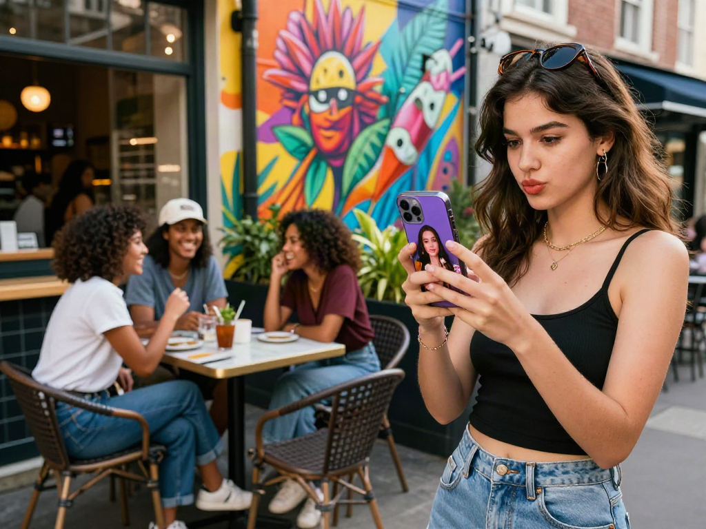 Young woman comparing her features with celebrity look alike app outdoors at a café.