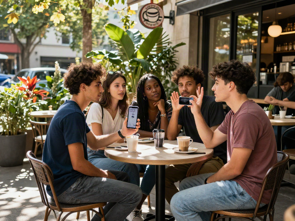 Young adults enjoying testing their attractiveness at an outdoor café using a smartphone app.