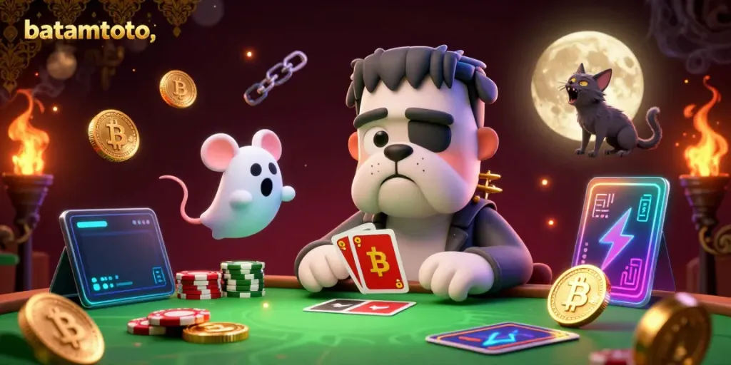Experience thrilling gameplay at batamtoto with a vibrant 3D scene of a cartoon monster dealer, crypto coins, and enchanted elements.