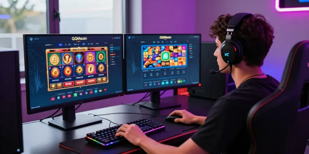 Engaged user in QQMacan login on dual monitors, vibrant gaming atmosphere.