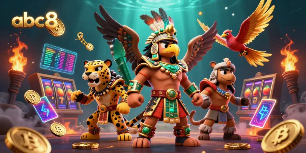 Spin and win with abc8 in a vibrant casino scene featuring Aztec warriors and crypto coins