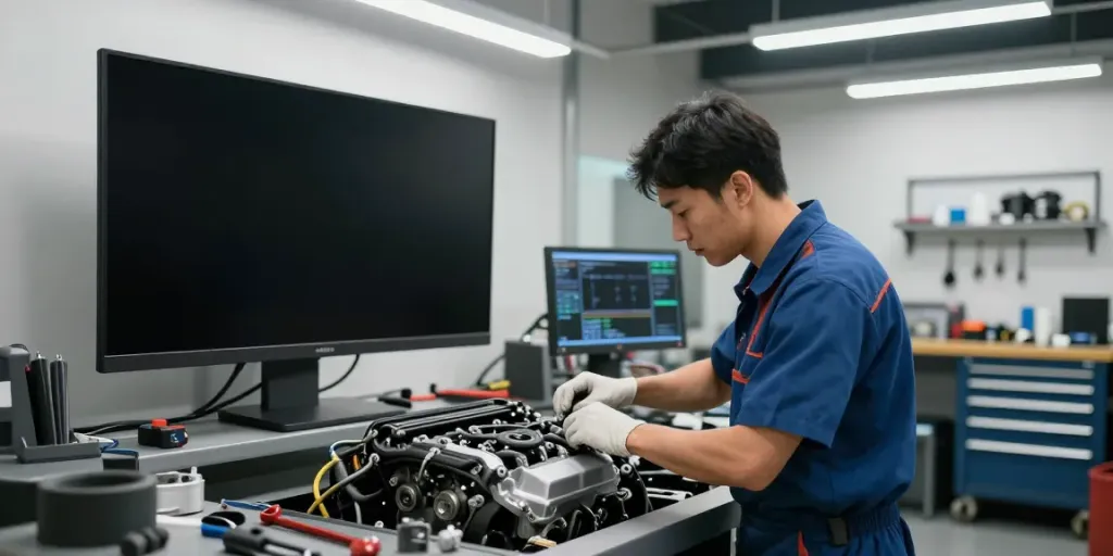 Mechaniker bei der Arbeit am Steuerkette wechseln Hannover in einer professionellen Werkstatt.