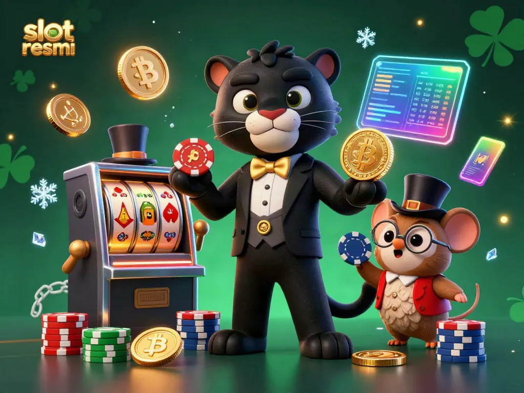 Experience the thrill of slot resmi with a stylish panther dealing cards, flanked by a wise owl and a lucky mouse.