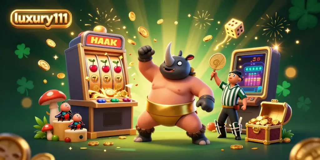 Experience thrilling jackpots with luxury111's dynamic casino game scene featuring colorful slots and playful characters.