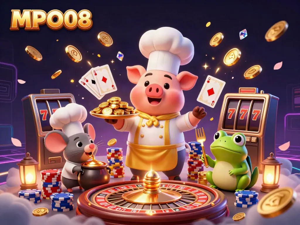 Experience the excitement of MPO08 with playful characters serving gold coins, casino elements, and vibrant visuals.
