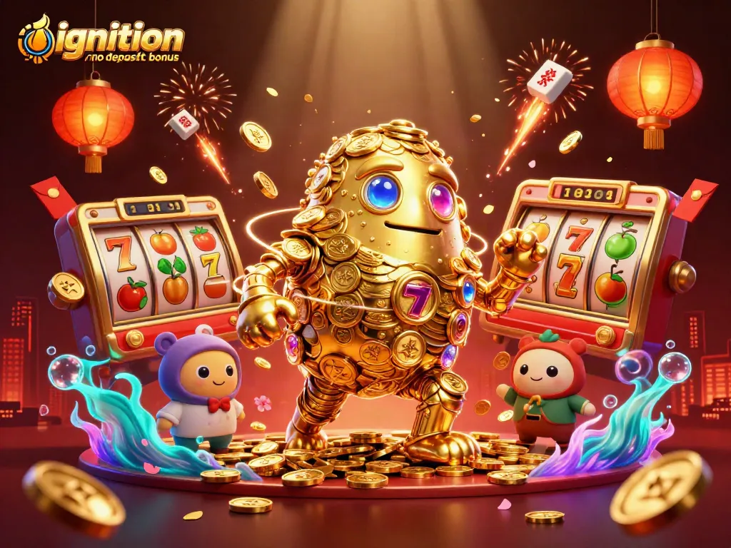 Engage with the ignition casino no deposit bonus using vibrant slot-themed visuals featuring a golden golem.
