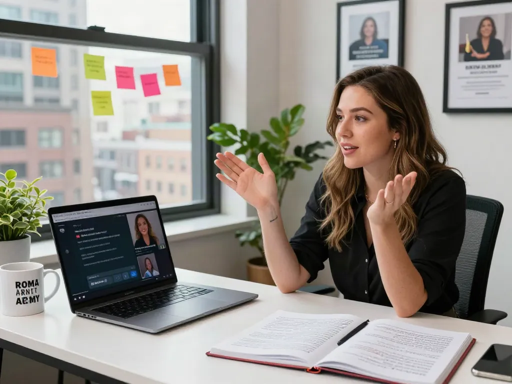 Chloe Sunderland engaging with her audience at a modern workstation, showcasing her advocacy for men's rights.