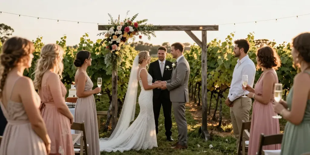 Wedding photographer Pokolbin captures a couple's intimate vineyard ceremony at golden hour, showcasing heartfelt moments surrounded by guests.