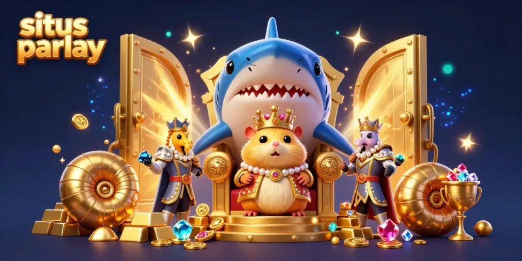 Experience thrilling situs parlay action with a golden hamster king and sparkling treasures in this immersive 3D illustration.