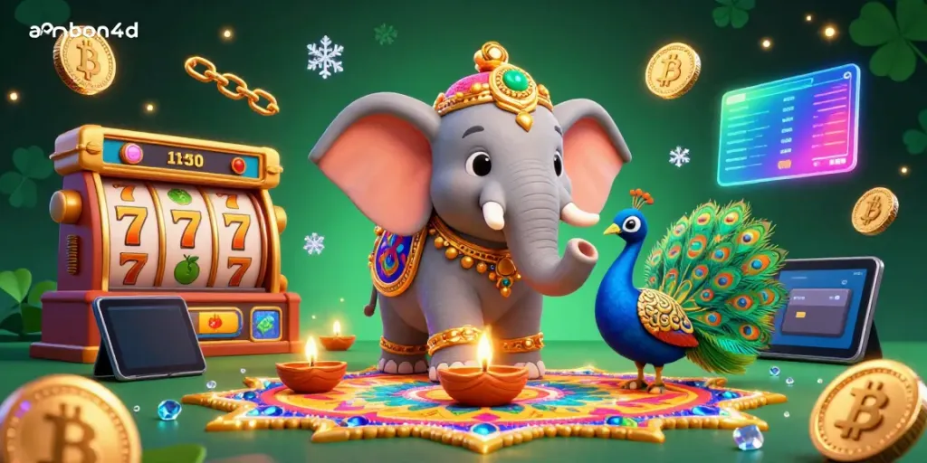 Play thrilling casino games at ambon4d, featuring a vibrant elephant and peacock in a colorful jackpot scene.