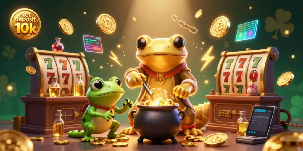 Catch the excitement of a slot deposit 10k with a mystical alchemist and vibrant casino elements.