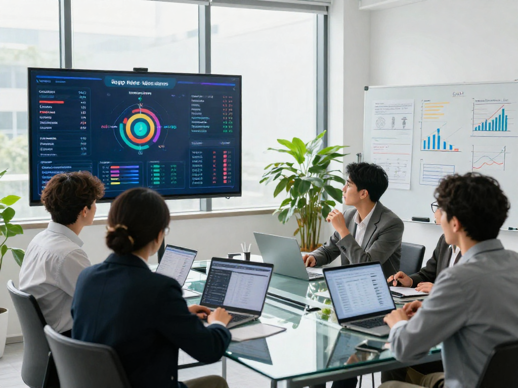 Buy app installs with a marketing team analyzing app download metrics in a modern office.