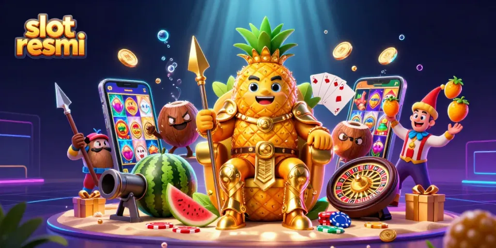 Experience slot resmi excitement with a vibrant 3D casino scene featuring colorful games and energetic characters.