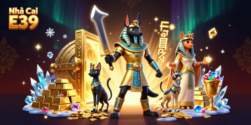 Experience the thrill of gaming at Nhà Cái E39 with Anubis and Bastet amidst treasures and vibrant casino elements.