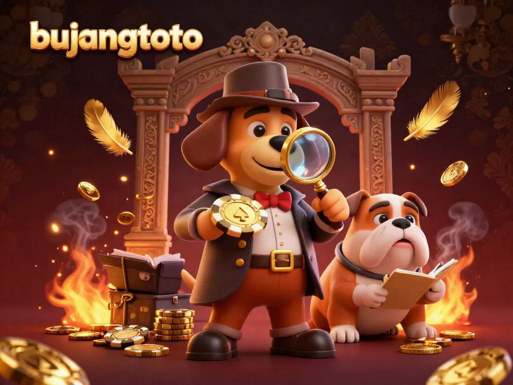 Bujangtoto reveals a golden poker chip clue amidst an adventurous 3D scene with detective characters exploring.