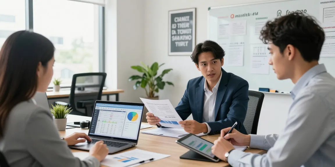 Team reviewing data with a roi calculator in a modern office, showcasing effective business analysis.