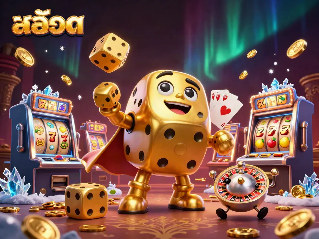 Engage with exciting สล็อต action featuring a golden dice golem juggling dice and surrounded by vibrant slot elements.
