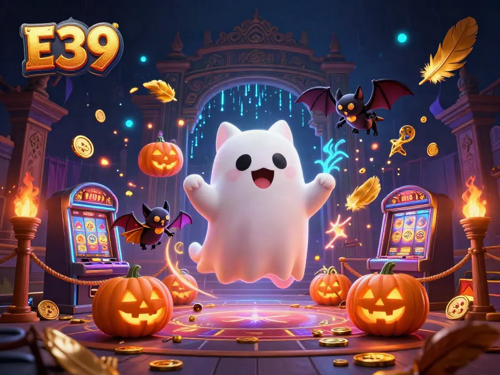 Experience E39 gaming excitement as a friendly ghost cat and bat explore a magical casino.